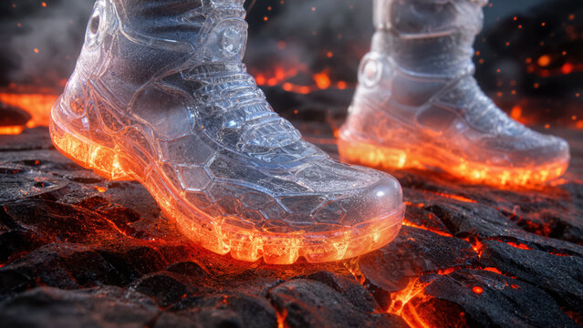 Translucent aerogel boots for volcanic terrain with heat resistant glowing soles, advanced footwear technology