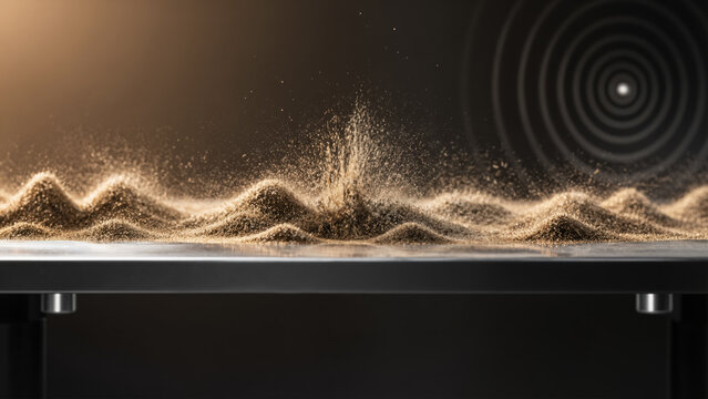 High-speed photography of sound wave synchronizing with sand patterns on metal vibration plate