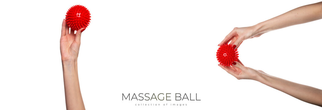 Massage red ball in female hand for trigger points isolated on a white background. Concept of myofascial release.
