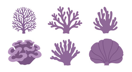 Collection of Six Purple Coral Silhouettes on White Background. © Nabih