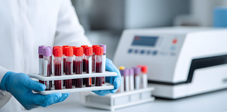 A laboratory technician is using analyzer equipment to hold blood sample tubes for clinical testing and diagnostic analysis at their medical laboratory workstation along with a banner.