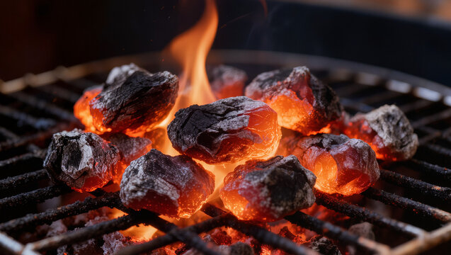 glowing charcoal on barbecue grill, hot coals and fire texture for grilling concept, outdoor cooking heat and summer bbq background close up