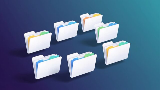 3D Isometric Folders with Colorful Documents Arranged in Circle on Dark Gradient Background