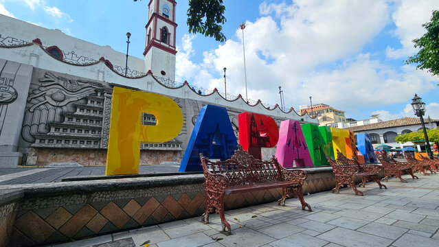Papantla, Veracruz, Mexico - Oct 26, 2025: Sign at the entrance to Papantla in Veracruz, a Magical Town, famous for the Totonac culture, Voladores de Papantla,  and vanilla production