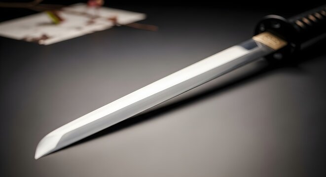 Close up of a japanese tanto blade with a dark background and copy space