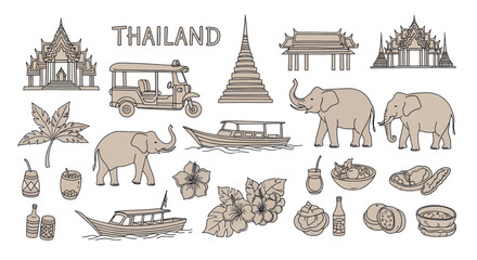 Collection of Thai cultural symbols and landmarks. © Nabih