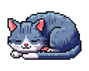 Fototapeta premium Sleeping grey tabby cat curled up for pet shop icons and cozy home environment assets in cute pixel art