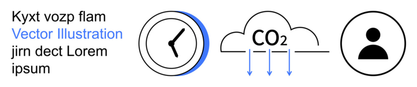 Time tracking, environmental impact, user identification, climate awareness, sustainability, digital interface. A clock, CO2 cloud and person symbol in a clean linear style. Time tracking