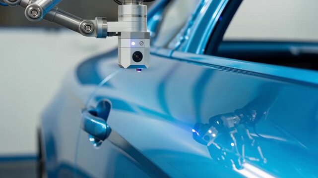 Electric vehicle manufacturing robotic arm inspecting and applying precise coating blue car surface modern factory automation
