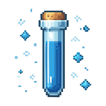 Glass test tube with blue liquid and sparkle effects for magical experiment and health medicine icons in pixel art