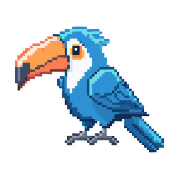 Flying blue toucan bird for tropical nature environment and exotic animal character sprites in vibrant pixel art
