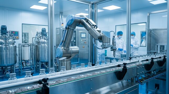 Robotic arm working on a pharmaceutical production line with vials conveyor belt industrial robot automation industry high tech industrial facility computer controlled manufacturing plant