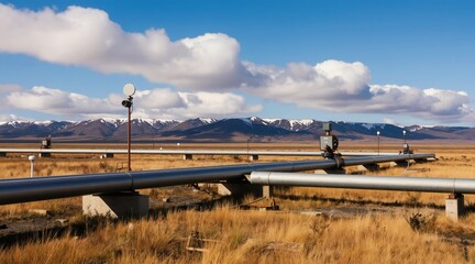 Fototapeta premium Long metal pipes for oil or gas transport cross dry grassy field. Snowy mountains in background under blue sky with clouds. Monitoring equipment installed on pipeline sections.
