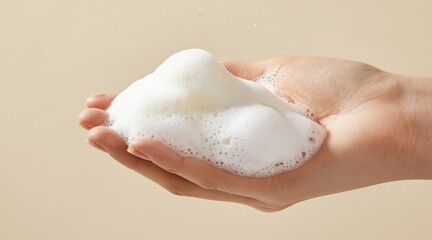 Fototapeta premium Female hands holding rich soap foam in palm. Clean bubbly lather washes skin gently. Soft bubbles create silky smooth texture for gentle care.