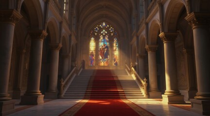 Fototapeta premium Grand palace hall with red carpet leading up ornate stairs. Sunlight streams through stained glass windows, illuminating columns, arches. Majestic architecture creates luxurious, historical