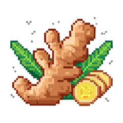 Obraz premium Sliced ginger root with gold coins for traditional herbal wealth concept culinary spice health benefits aromatic flavor cooking ingredient wellness industry pixel art