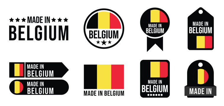 Flat Multicolor Made In Belgium Label Badges Vector Illustration for Product Packaging