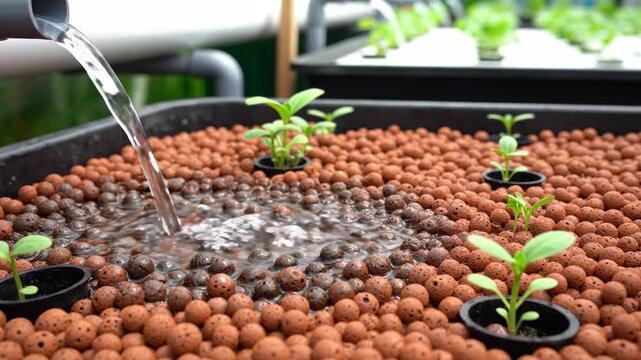 Water scarcity challenges drive climate adaptation using efficient hydroponic system nurturing young plants growing clay pellets