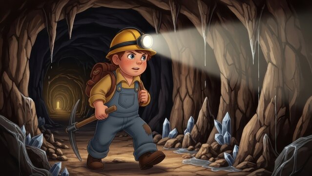 Young adventurer exploring a mystical cave adorned with glowing crystals and echoing shadows