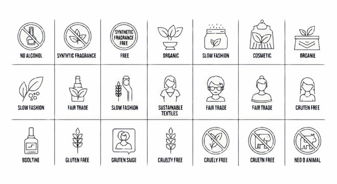 Collection of icons representing natural and ethical product attributes.