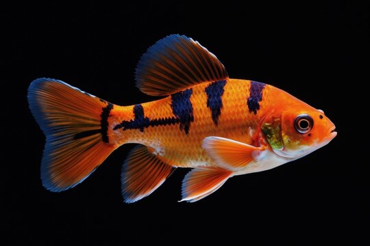 Clown loach fish with orange and black stripes swims in dark water. This exotic aquarium animal has blue dorsal and tail fins. It is a freshwater species.