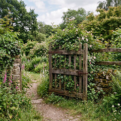Fototapeta premium Rustic wooden gate surrounded by climbing vines creating charming countryside entrance with natural aesthetic appeal today