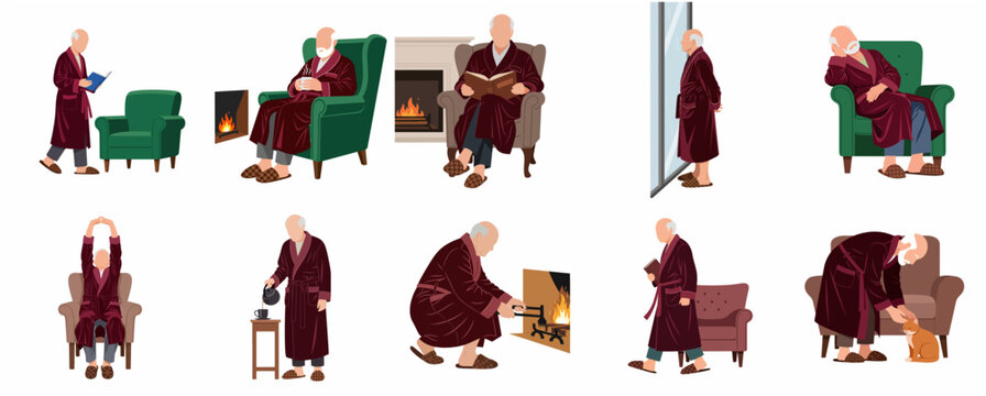 Senior Man in Robe Daily Life and Morning Routine Vector Illustration Set
