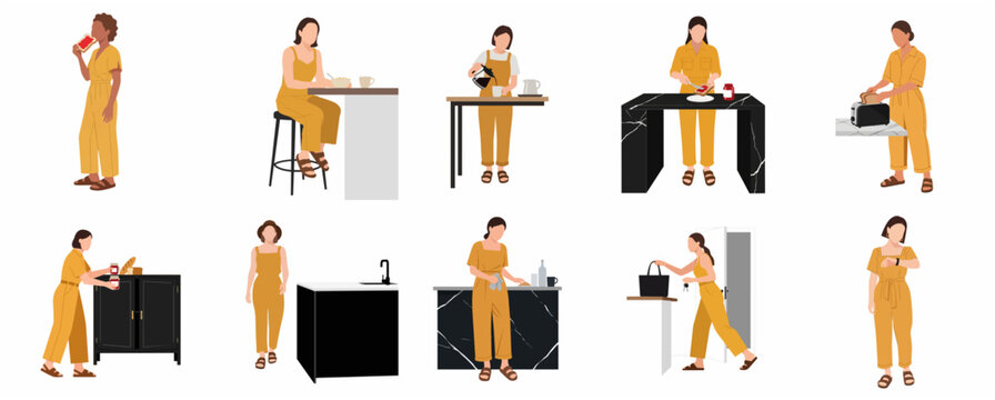 Vector Illustration Set of a Woman in Yellow Jumpsuit Performing Various Morning Routine Activities Like Eating Breakfast, Making Coffee, and Getting Ready for Work