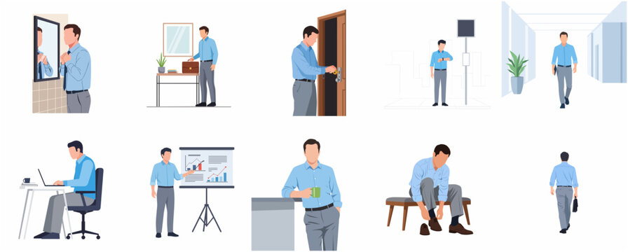 Businessman Daily Life Routine and Office Professional Activities Flat Vector Illustration Set