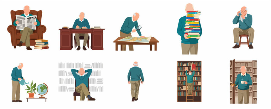 Senior Man Daily Activities and Hobbies Set, Elderly Character Reading, Writing, and Learning in Library, Flat Vector Illustration