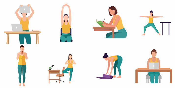 Woman Character Set in Daily Activities, Working, Stretching and Doing Yoga Exercises