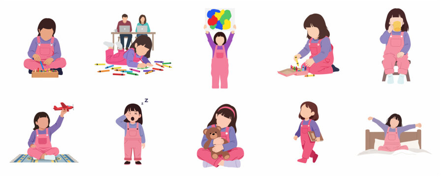 Cute Little Girl Daily Routine and Activities Flat Vector Illustration Set