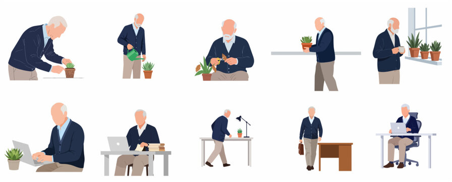 Set of Flat Illustrations of a Senior Man Doing Various Activities Like Gardening, Houseplant Care, and Working on a Laptop at the Office