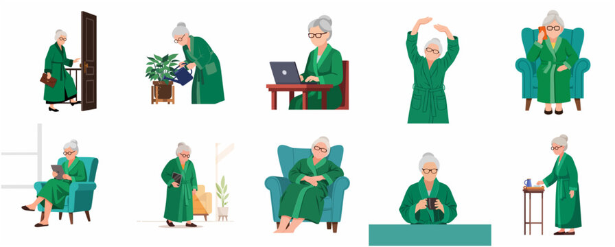 Set of senior woman characters in green bathrobe performing various daily activities at home flat vector illustration