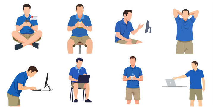 Set of Man Character Poses in Daily Life Activities Working Relaxing and Eating Vector Illustration