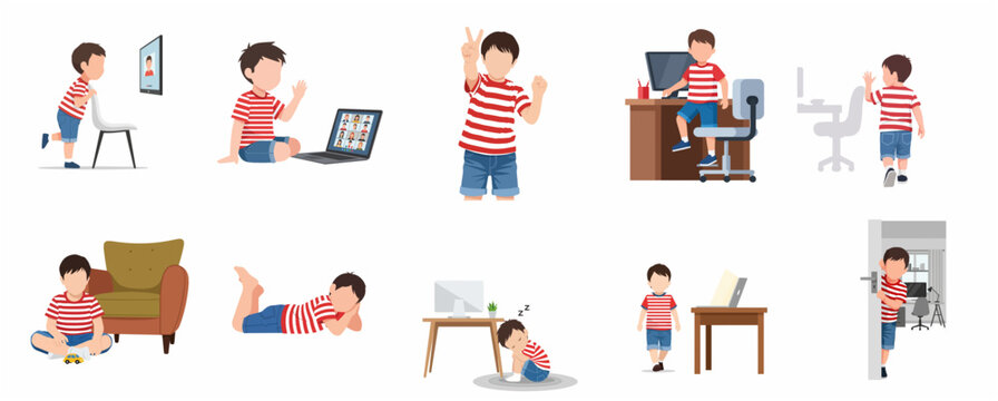 Set of Vector Illustrations Showing a Little Boy in Various Daily Activities and Online Learning