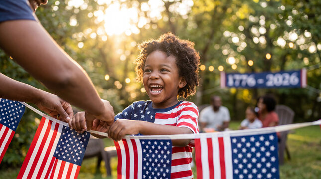 American Independence Day 250th Anniversary child helping hang flag decorations laughing joyful patriotic celebration family activity for festive promotional marketing advertising campaign