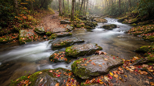 Mountain stream crossing trail stepping stones wet surfaces autumn leaves peaceful hiking nature adventure scene