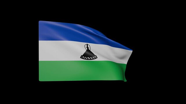 Lesotho Flag Waving on Black Background &ndash; National Symbol with Basotho Hat Emblem