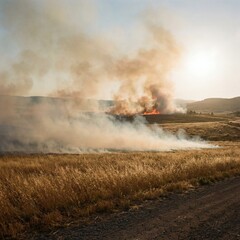 Fototapeta premium Drifting smoke across dry grass field with distant wildfire creating dramatic atmospheric landscape photography scene today