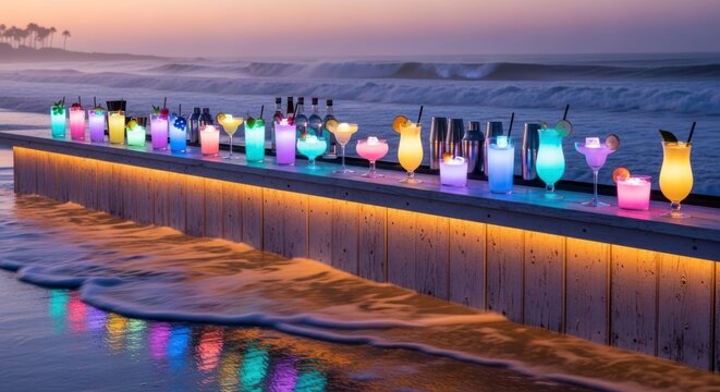 Bar de coquet&eacute;is colorido iluminado por luzes vibrantes em uma praia de areia ao p&ocirc;r do sol.