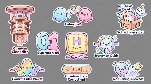 Adorable quantum mechanics stickers featuring cute cat and fun science concepts