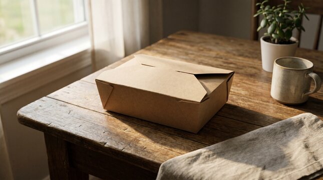 Brown paper takeaway food box sitting on a rustic wooden table at home