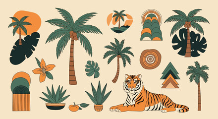 Obraz premium Tiger with tropical plants palm.