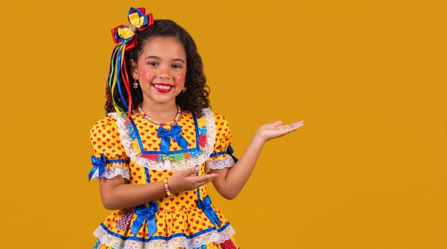 Little girl in traditional Brazilian Festa Junina outfit presenting something with her hand - studio portrait on yellow background.