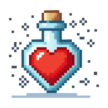 Health potion in heart shaped bottle for fantasy RPG magic healing restorative elixir video game equipment wizard alchemy laboratory supplies pixel art