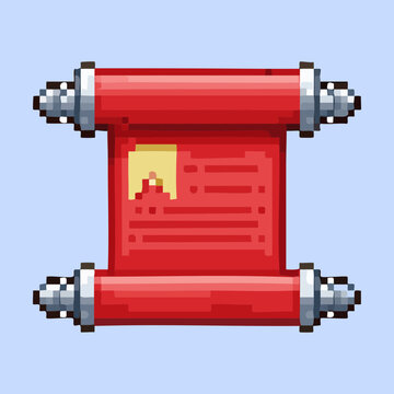 Red scroll with silver rollers for dark magic spells evil wizard proclamation mysterious letter fantasy kingdom laws secret message pixel art