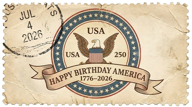 Vintage postage stamp celebrating USA 250th anniversary with bald eagle emblem and Happy Birthday America text on distressed aged paper