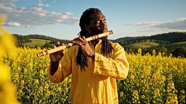 Man playing flute in yellow flower field ideal for travel vlogs and eco-friendly campaigns