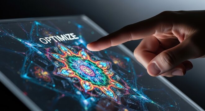 Person touching digital screen with word optimize over glowing colorful mandala, for process efficiency, systemic improvement high performance technology solutions